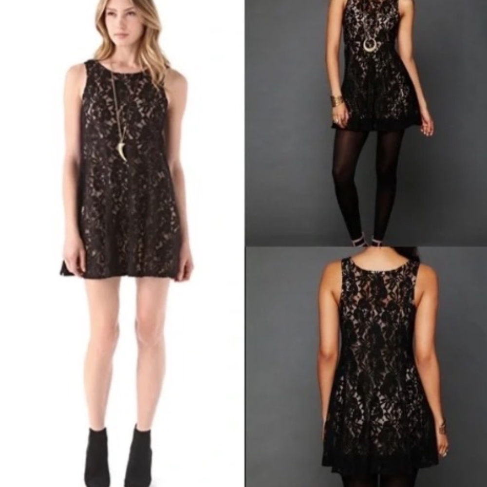 Free People Miles of Lace, A-Line, Black and Nude Mini Dress. XS